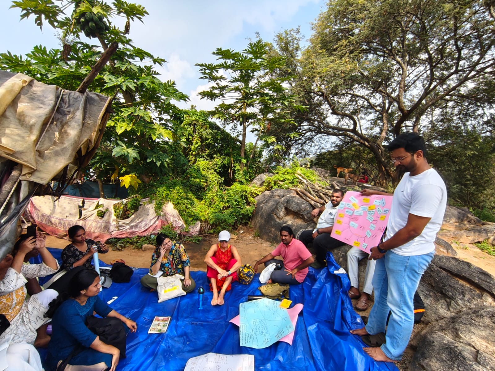 Participants of the Workshop 2025 organised by Praxis, during a field day in Nangamalai village, Tamil Nadu. Credit: Pivot Collective